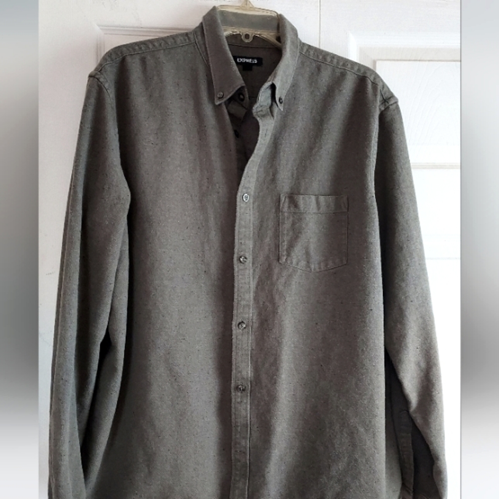 Express Mens XL Utility Work Shirt Army Olive Green Button Casual Black Specks